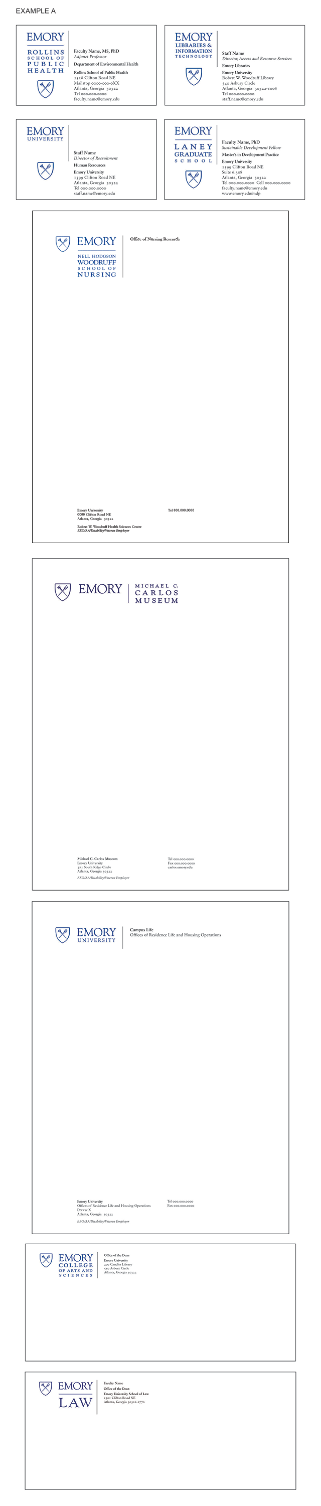 Image examples of stationary for faculty and staff with the Emory University logo 